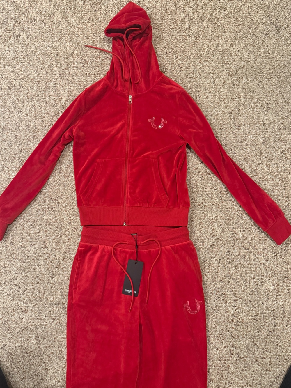 True Religion Red Velour Zip Hoodie & Joggers Set